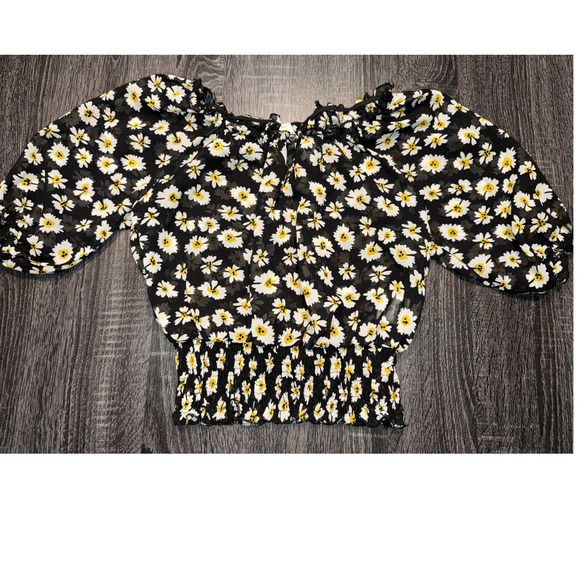 Truth NYC Tops - Truth NYC Womens XS Black Daisy Floral Smocked Waist Sheer Chiffon Blouse Top